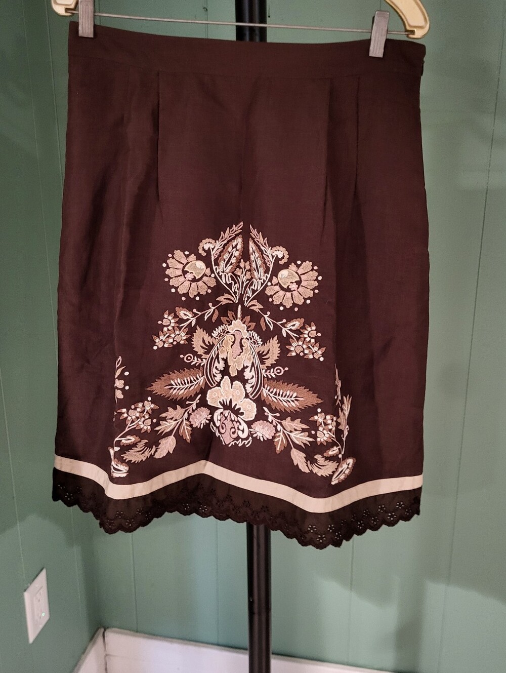 Brown Floral Embroidered Midi Skirt, Loft, 10, Boho, Festival, Resort